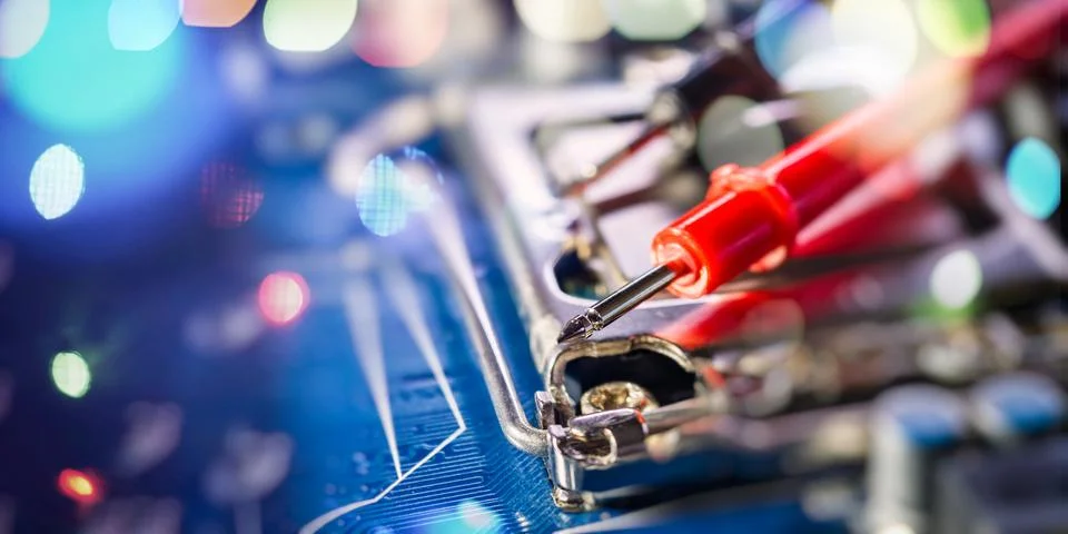 Abstract tech background. Macro view of a red multimeter probe on a computer  Stock Photos