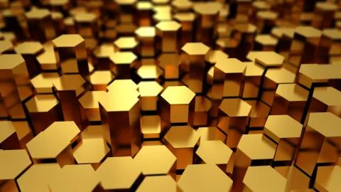 Abstract tech background with many golden hexagons Stock Illustration