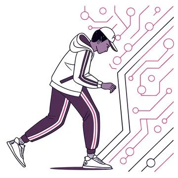 Abstract Tech Digital Pattern with Neon Lines and Geometric Shapes Stock Illustration