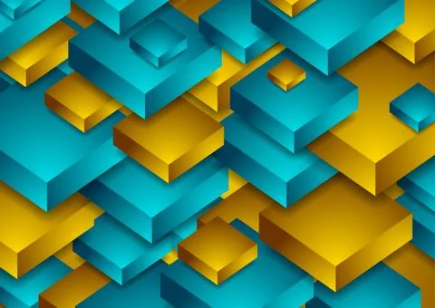 Abstract tech geometric background with blue orange 3d elements Stock Illustration