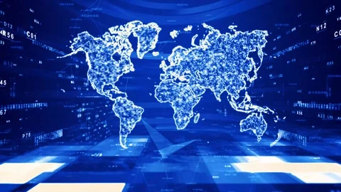 Abstract Tech Grid and Digital World Map Particle Animation for Corporate Stock Footage 341472782