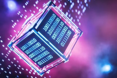 Abstract technical background. Computer code. Binary code. Cube with binary.. Stock Illustration