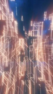 Abstract techno city made of glowing orange circuit lines with a blue centr.. 库存插图