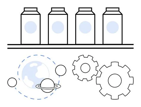 Abstract technological and scientific concept with gears, planets, and bott.. Illustrazione stock