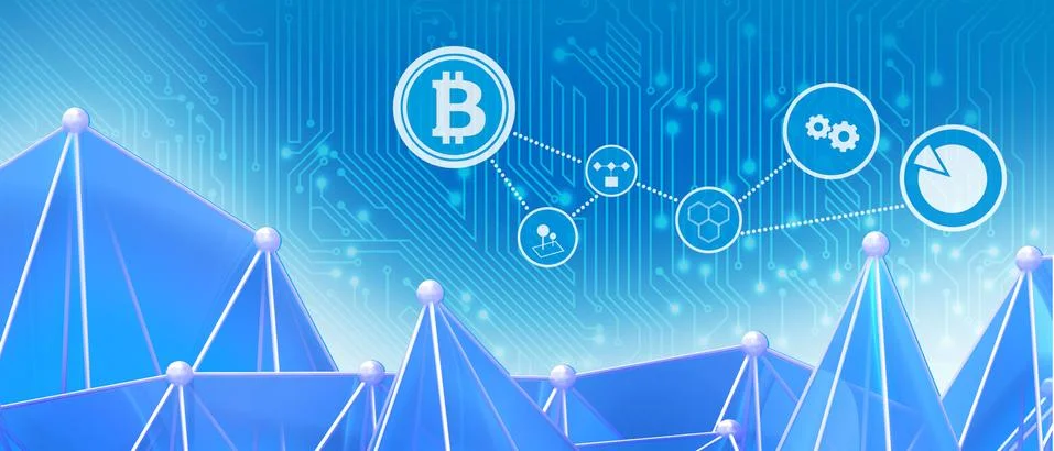 Abstract technological background Block chain technology network Concept on Blue Illustration