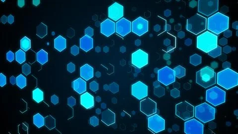 Abstract technological background with blue luminous hexagons. Stockfoto's