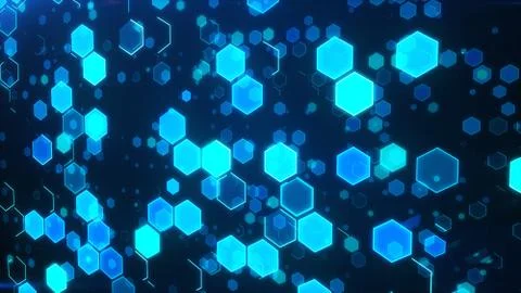 Abstract technological background with blue luminous hexagons. Stockfoto's