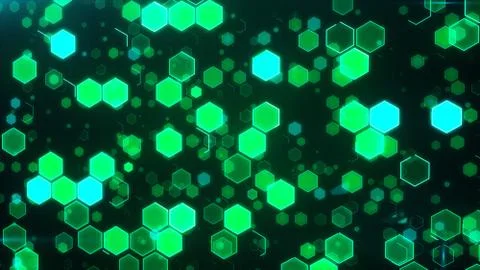 Abstract technological background with green luminous hexagons. Stockfoto's