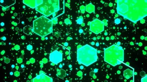Abstract technological background with green luminous hexagons. Stockfoto's