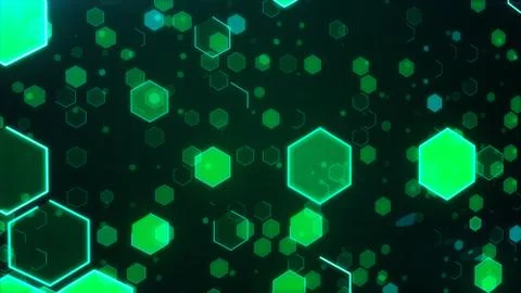 Abstract technological background with green luminous hexagons. Stockfoto's