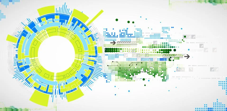 Abstract technological background with various technological elements. Illustrazione stock