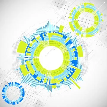 Abstract technological background with various technological elements. Illustrazione stock