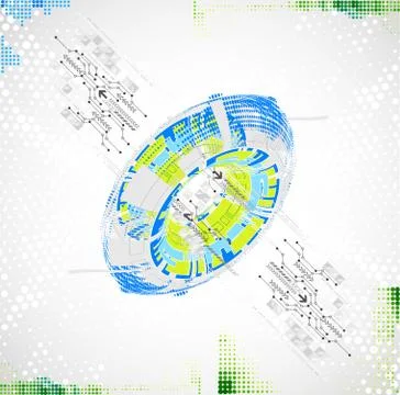 Abstract technological background with various technological elements. Illustrazione stock