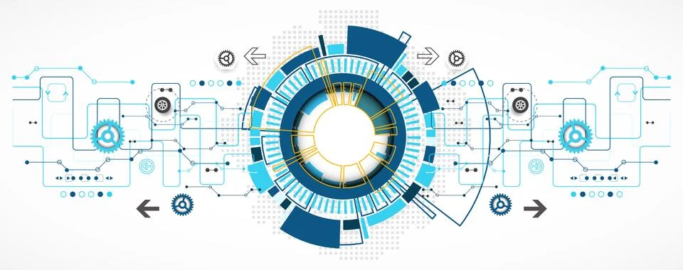Abstract technological background with various technological elements. Illustrazione stock
