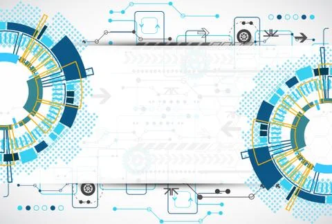 Abstract technological background with various technological elements. 스톡 일러스트