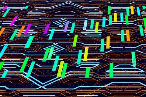 Abstract technological background in vibrant colors with a digital code. Stock Photos