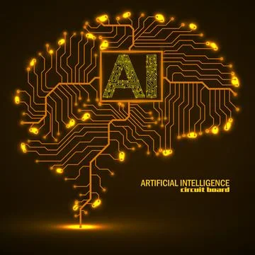 Abstract technological brain with Artificial Intelligence. Neon circuit boa.. Stock Illustration