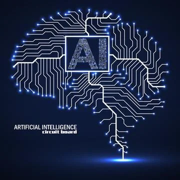 Abstract technological brain with Artificial Intelligence. Neon circuit board Illustrazione stock