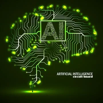Abstract technological brain with Artificial Intelligence. Neon circuit board Stock Illustration