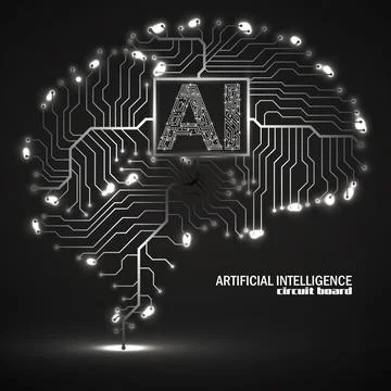 Abstract technological brain with Artificial Intelligence. Neon circuit boa.. Illustrazione stock