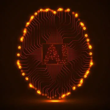 Abstract technological brain with Artificial Intelligence. Neon circuit board Illustrazione stock