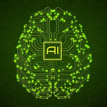 Abstract technological brain with Artificial Intelligence. Neon circuit board 스톡 일러스트