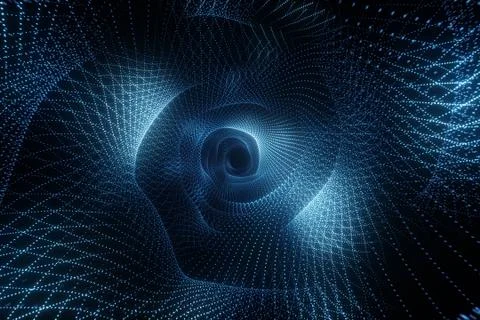 Abstract technological flight in digital space. Bright neon dots forming a da Illustrazione stock
