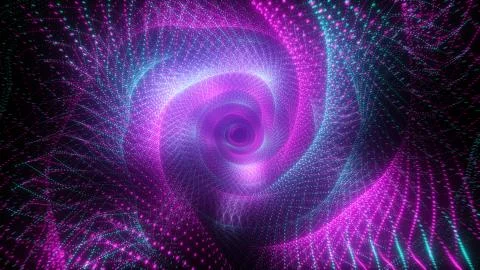 Abstract technological flight in digital space. Bright neon dots forming a da Illustrazione stock