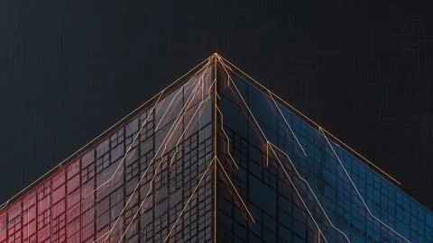 Abstract technology animation showing data transfer across futuristic build.. Stock Footage 332390451
