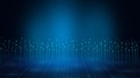 Abstract technology background with binary code streaming upward in blue to.. Stockillustratie