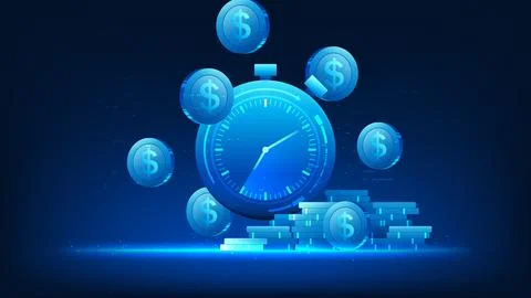Abstract technology background clock with falling coins, representing time .. Ilustração Stock