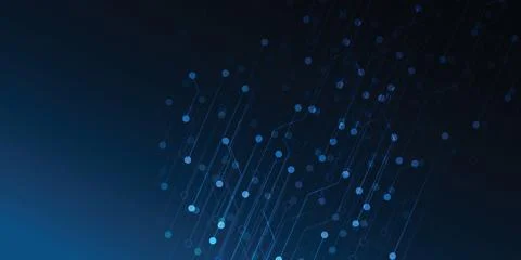 Abstract technology background featuring glowing blue digital circuit nodes and Stock Illustration