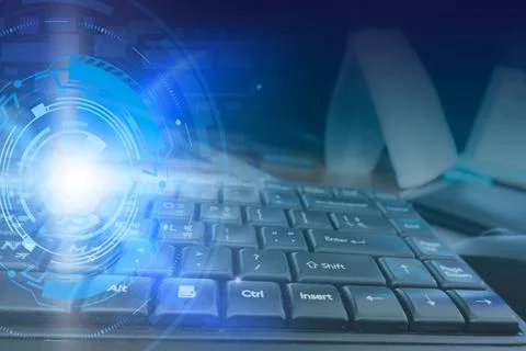 Abstract technology background with futuristic glowing elements and a keyboar Stock Illustration