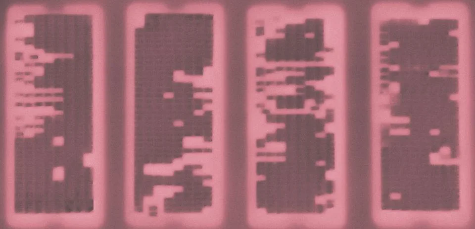 Abstract Technology Background with Glitch Data Patterns and Neon Glow Illustrazione stock