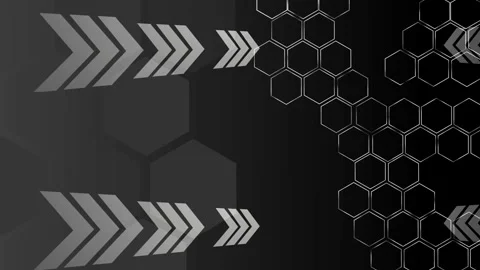 Abstract technology background with glowing arrows and hexagon pattern on d.. Stockbeeldmateriaal 336874189