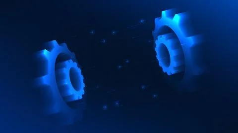Abstract technology background glowing blue mechanical gears and digital pa.. 库存插图