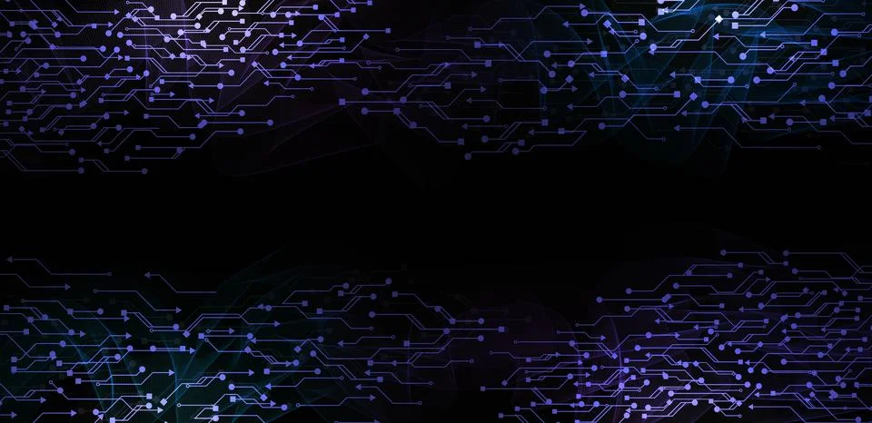 Abstract technology background with glowing circuit lines, blue and purple .. Illustrazione stock