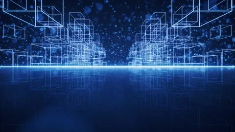 Abstract technology background with glowing cubes and particles moving in a.. Stock Footage 332335427