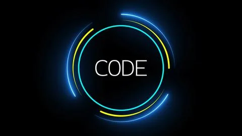 Abstract technology background with glowing neon circles and word CODE. 库存插图
