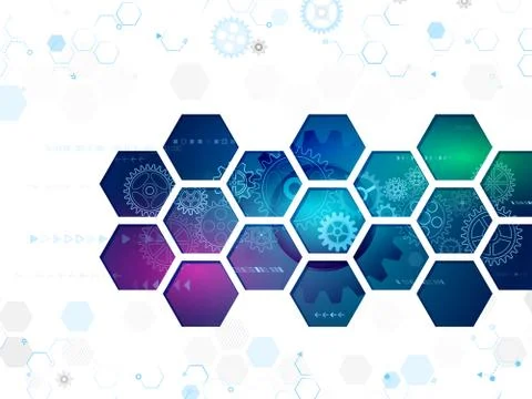 Abstract technology background with hexagons and gear wheels. Stock Illustration