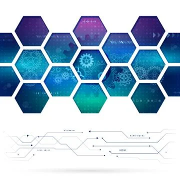 Abstract technology background with hexagons and gear wheels. Stock Illustration