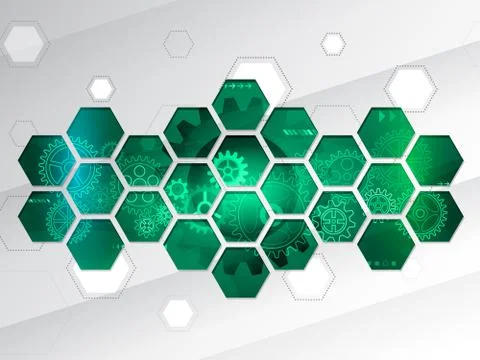Abstract technology background with hexagons and gear wheels, hi-tech element Illustrazione stock