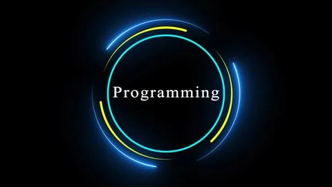 Abstract technology background with neon circles and word Programming in th.. 스톡 일러스트
