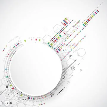 Abstract technology background with various technological elements. Illustrazione stock