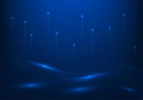 Abstract technology background Waves of connected dots with rising lines re.. Illustrazione stock