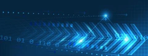 Abstract technology banner with arrows pattern and circuit board on a dark bl Stock Illustration