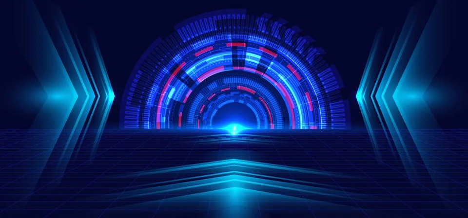 Abstract technology blue circle, light beam and arrow pattern perspective on Stock Illustration