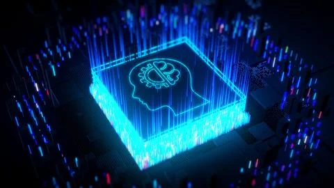 Abstract Technology Blue Shiny Digital Human Head Brain CPU Chip Circuit Board  Stock Illustration