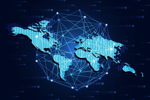 Abstract technology business concept map and digital link on hi tech blue Stock Illustration