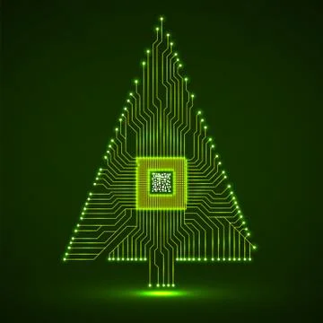Abstract technology Christmas tree with microprocessor, glowing circuit board Stock Illustration